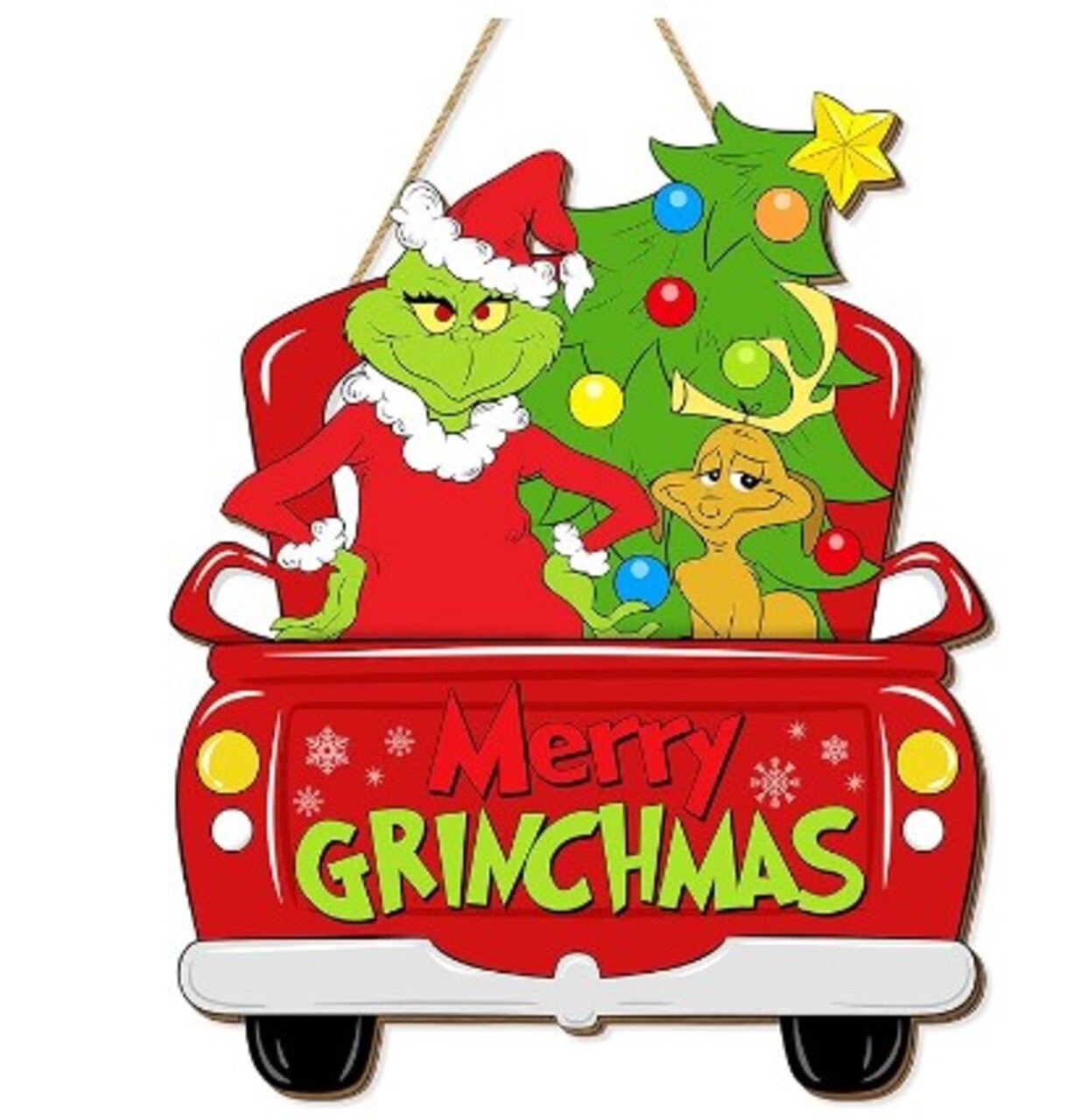 Christmas Door Hanging Sign Decorations, Merry Grinchmas Truck Wreath for Front Door, Wooden Door Signs of a Christmas Tree with a Dog Porch Wall Indoor Outdoor Holiday Decorations